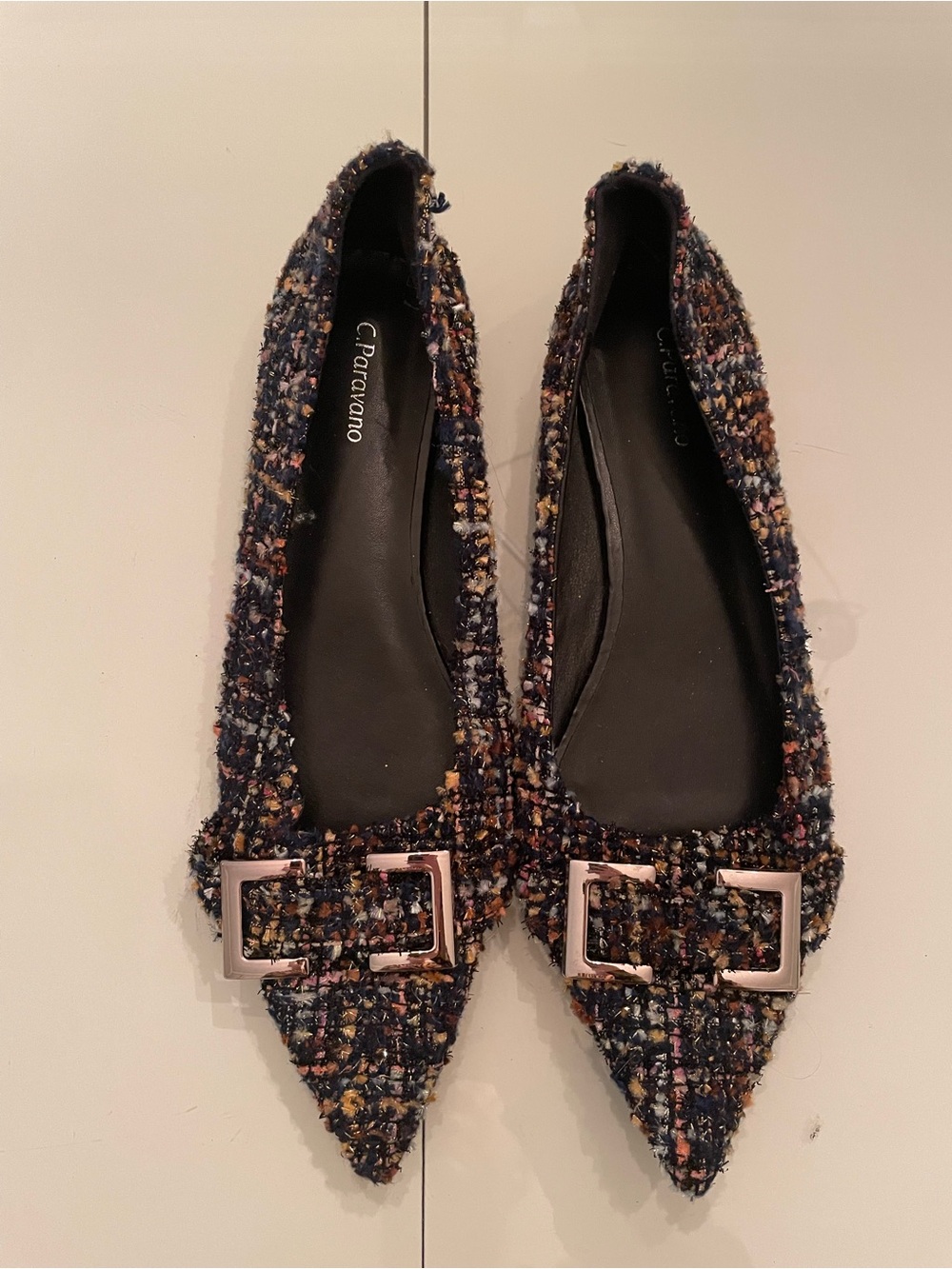 C. Paravano Navy Tweed Pointed Toe Flats with Buckle